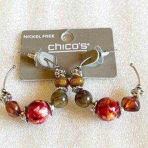 Chico's Hoop Earrings w Red Orange & Brown Beads NWT